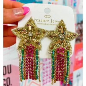 NWT Treasured Jewels Mardi Gras Star Fringe Earrings – Purple Gold Green